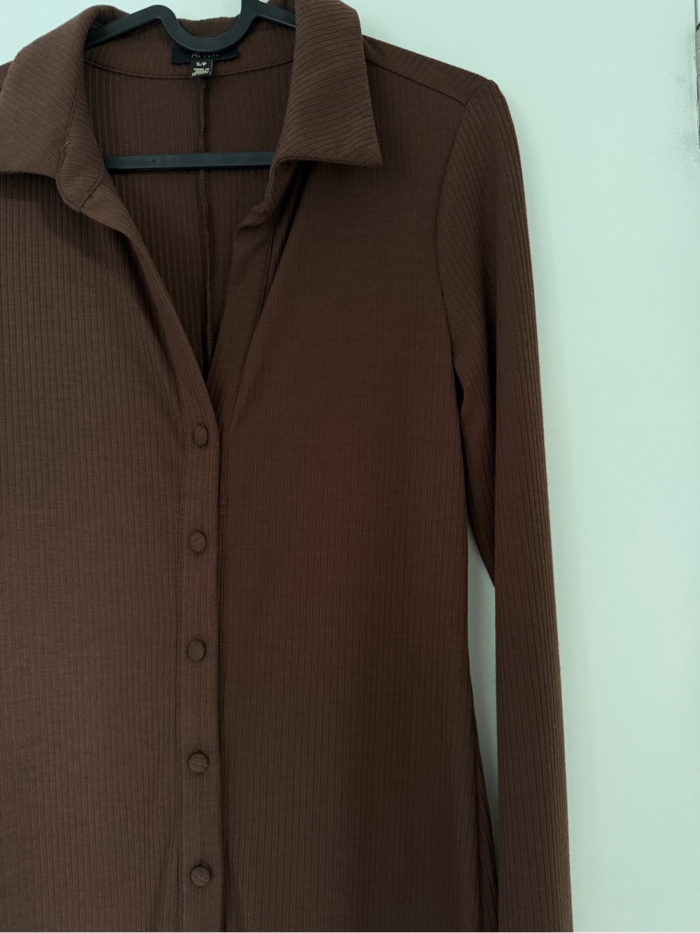 AFRM Long Sleeve Brown Button-Front Ribbed Dress